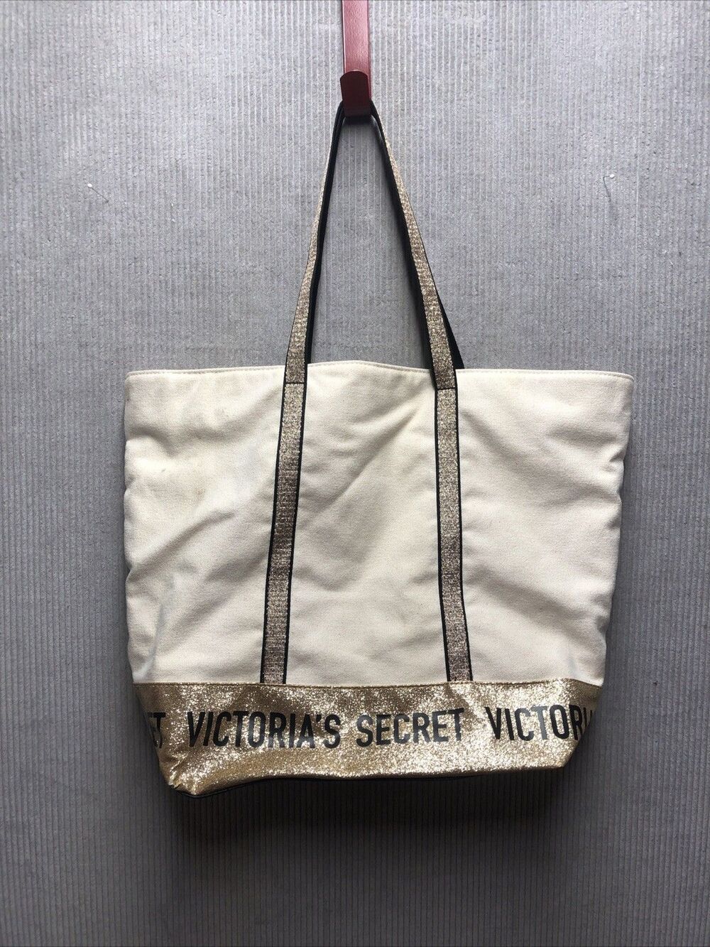 Victoria's Secret Canvas Tote Gold Glitter Large Shoulder Strap